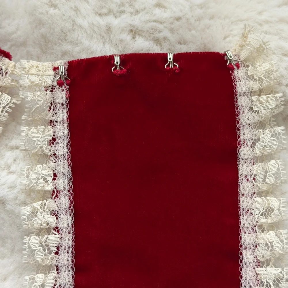 Romantic Vintage Red Velvet Wide Corset Belt with Lace Trim-Length 31”, Wide 5”